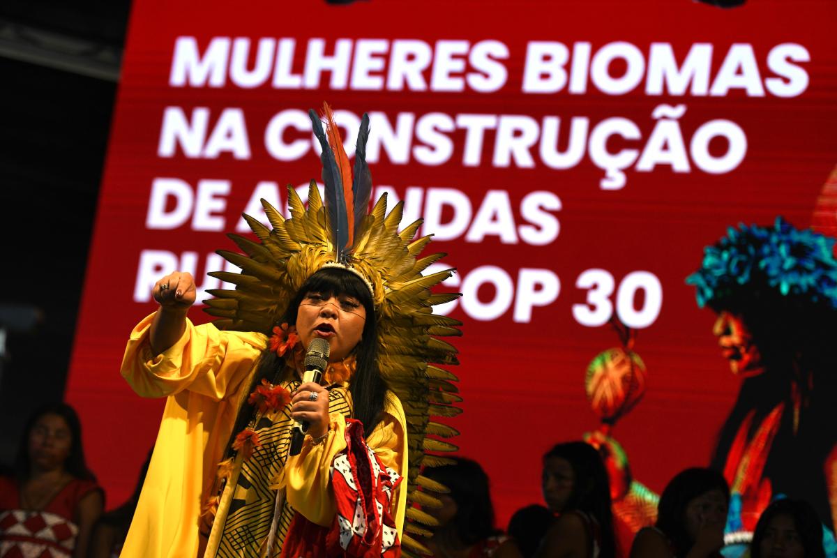 A imagem mostra a deputada federal Célia Xakriabá (PSOL-MG) em um evento público, vestida com trajes tradicionais indígenas. Ela usa um cocar amarelo adornado com penas coloridas, destacando-se em um palco com fundo vermelho, onde se lê "Mulheres Biomas na Construção de Agendas Plurais COP 30". Com microfone na mão e expressão firme, Célia gesticula para enfatizar sua fala, simbolizando a força das mulheres indígenas na política. Outras mulheres indígenas aparecem ao fundo, reforçando o tema da participação e liderança feminina em pautas ambientais e sociais.