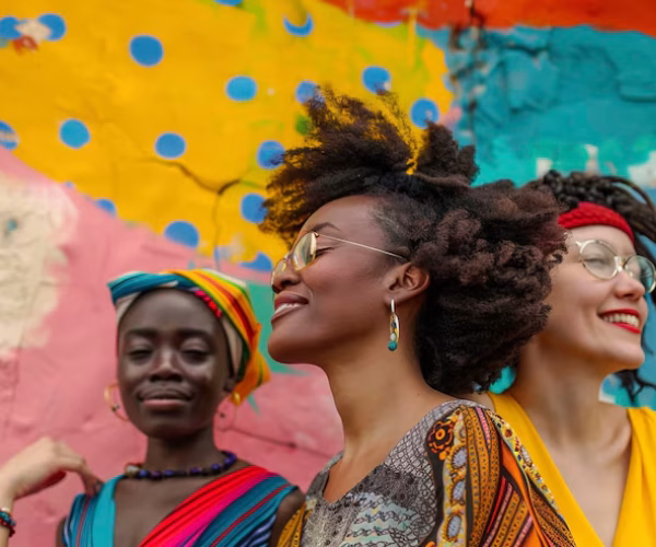 três mulherrs negras estão sorrindo e vestidas com roupas coloridas em frente a um muro cheio de pinturas que representam a cultura afro-brasileira.